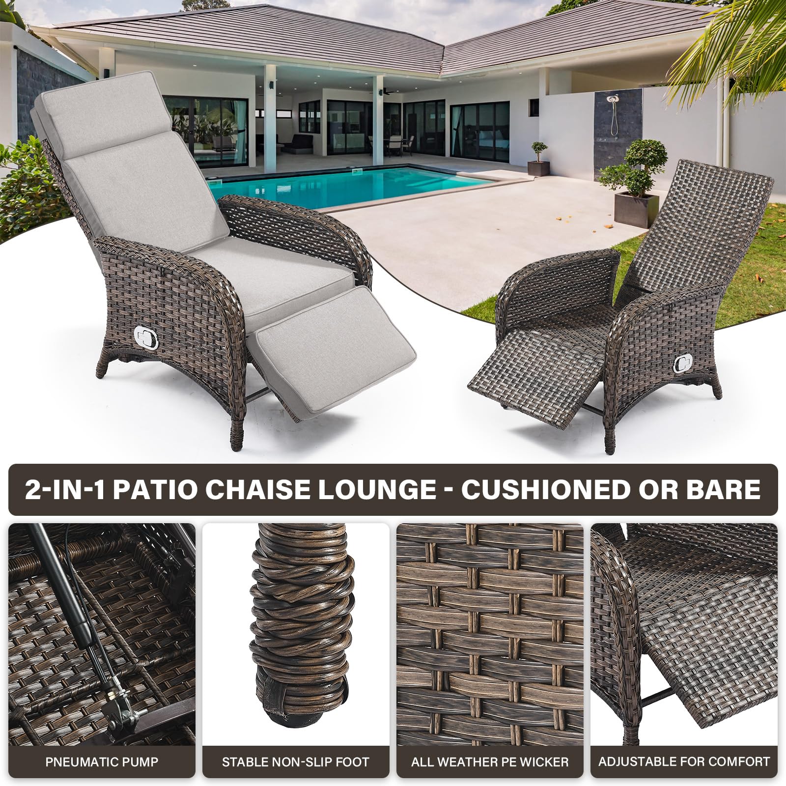 Belord Versatile Outdoor Recliner Chair - Reclining Patio Chair with Adjustable Backrest and Footrest, All-Weather Wicker Chaise Lounge Chair Outdoor for Pool Deck Brown