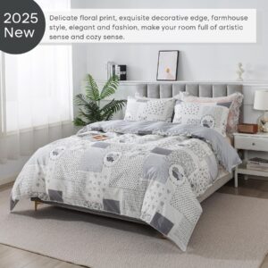 Lemfux 100% Cotton Floral Pattern Modern Theme Duvet Cover Set, Geometric Style Aesthetic White Soft Comforter Cover Set with Metal Zippers, Full Size, 3Pcs