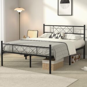 VECELO Queen Metal Platform Bed Frame with Headboard & Footboard, Steel Slats Mattress Foundation, No Box Spring Needed,Black