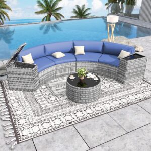 VONZOY Patio Sectional Furniture Outdoor 7-Piece Grey Rattan Curved Sofa Set with Storage Table,Pillows,Fit for Pool Backyard Balcony Porch Lawn(Navy)