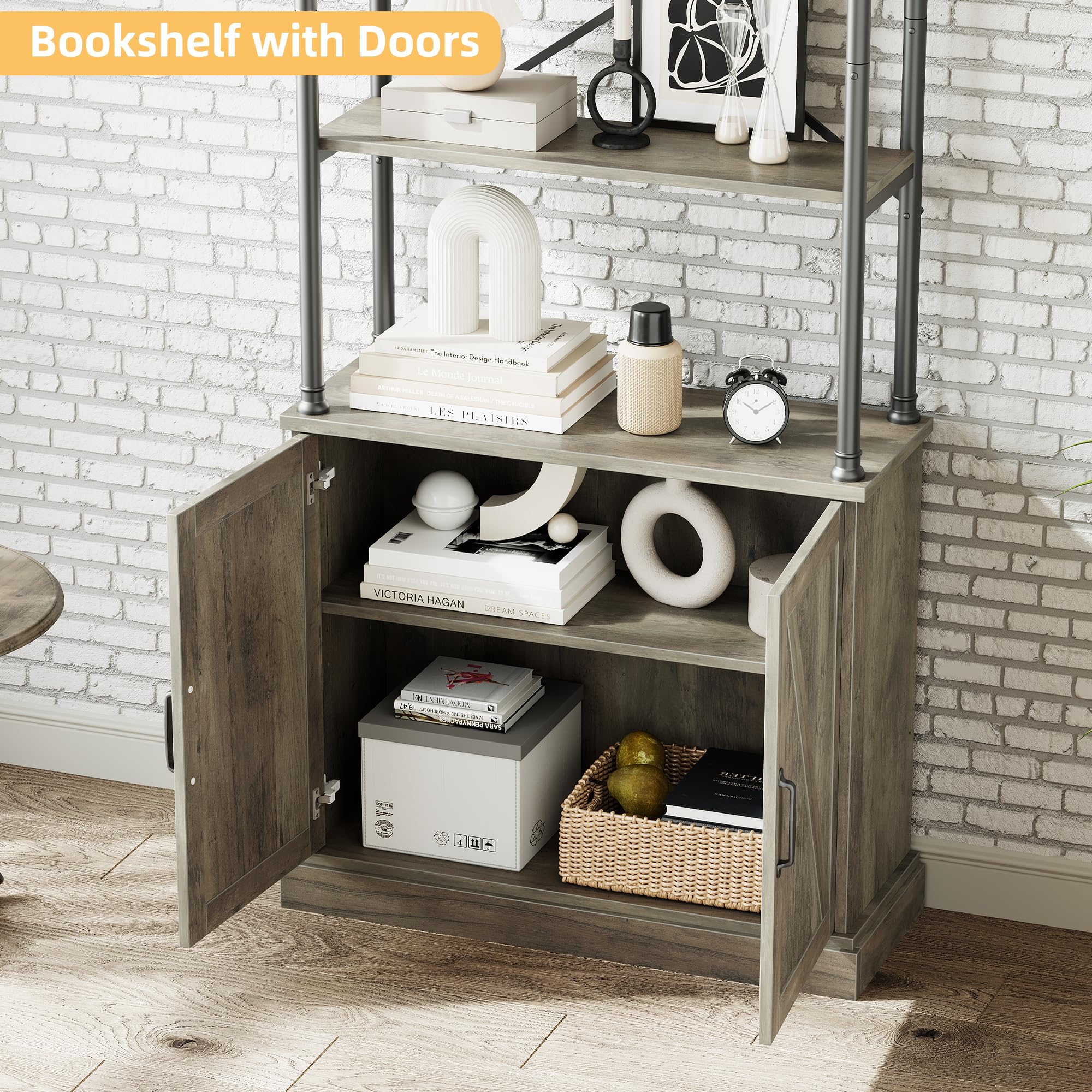 IDEALHOUSE Tall Bookshelf with Doors 73.62in Industrial Storage Open Rack Shelf with Cabinet Wood and Metal Bookcase Farmhouse Bookshelves Large Vintage Display Rack Home Office