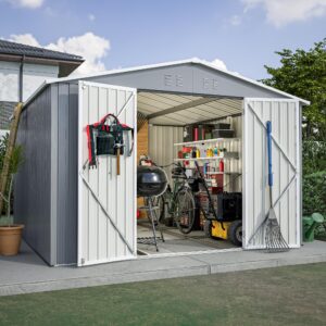 YOPTO 10×10 FT Outdoor Storage Shed,Metal Aluminum Waterproof Tool Sheds with Foundation,Doors & Vents,Heavy-Duty Sheds Unit W/Lock & Key,for Storing Bicycles,Lawnmowers,Barbeques,Gray