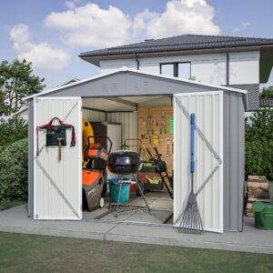 YOPTO 10×10 FT Outdoor Storage Shed,Metal Aluminum Waterproof Tool Sheds with Foundation,Doors & Vents,Heavy-Duty Sheds Unit W/Lock & Key,for Storing Bicycles,Lawnmowers,Barbeques,Gray