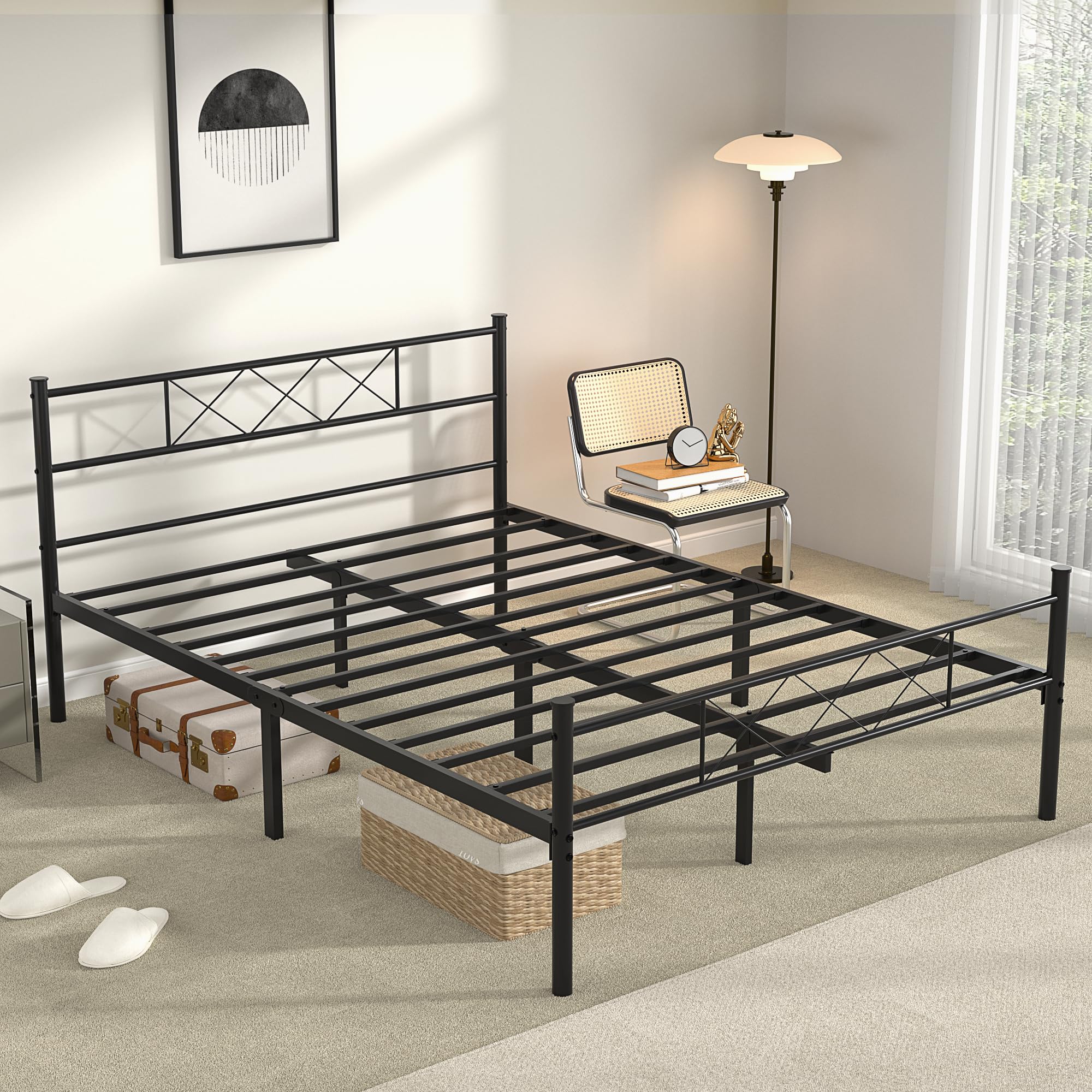 VECELO Queen Metal Platform Bed Frame with Headboard & Footboard, Steel Slats Mattress Foundation, No Box Spring Needed,Black