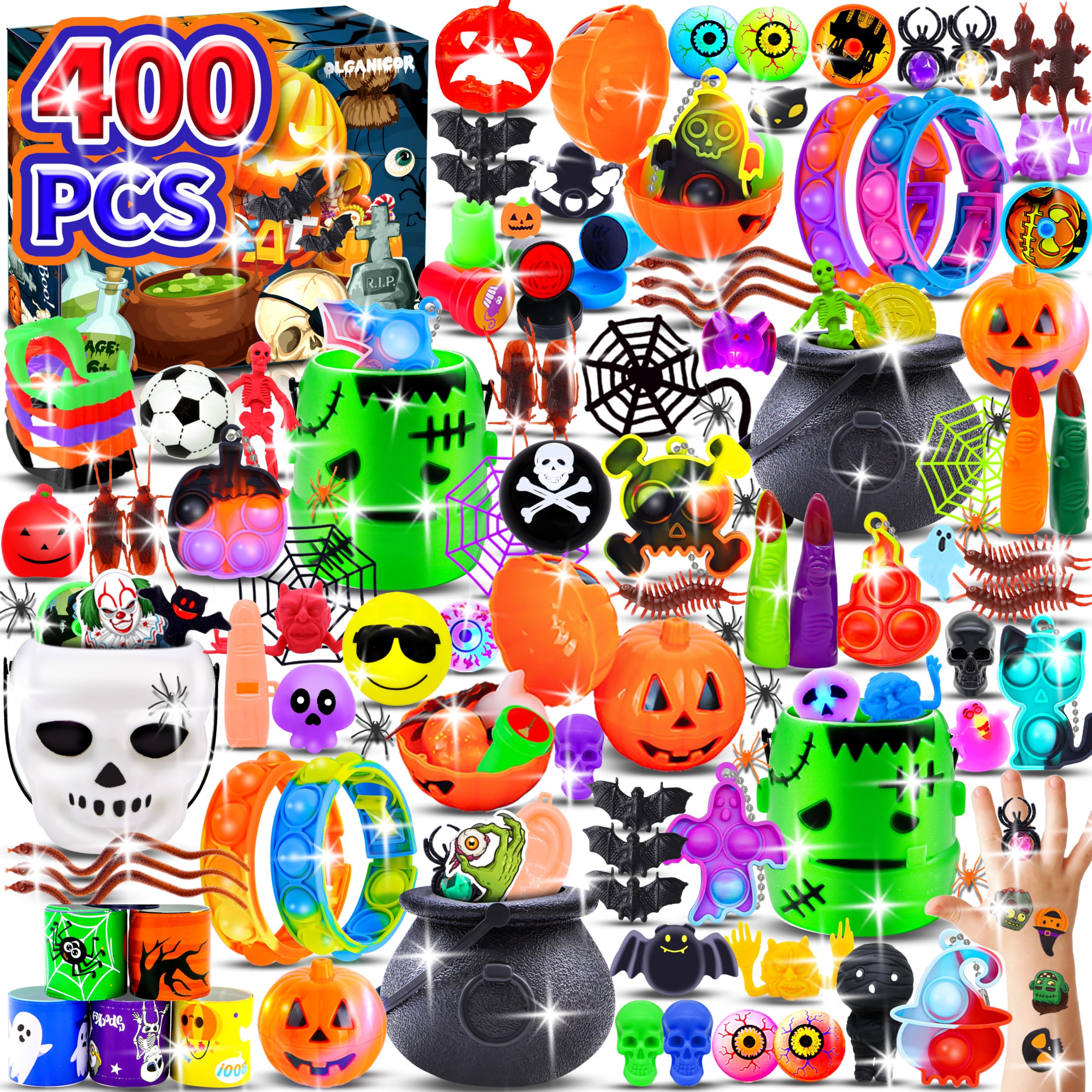 Olganicor 400PCS Halloween Party Favors for Kids,Halloween Treat Bag Fillers,Bulk Halloween Toys ,Halloween Treasure Box Toys, Halloween Goodie Bag Stuffers,Carnival Prize Toys Classroom Reward