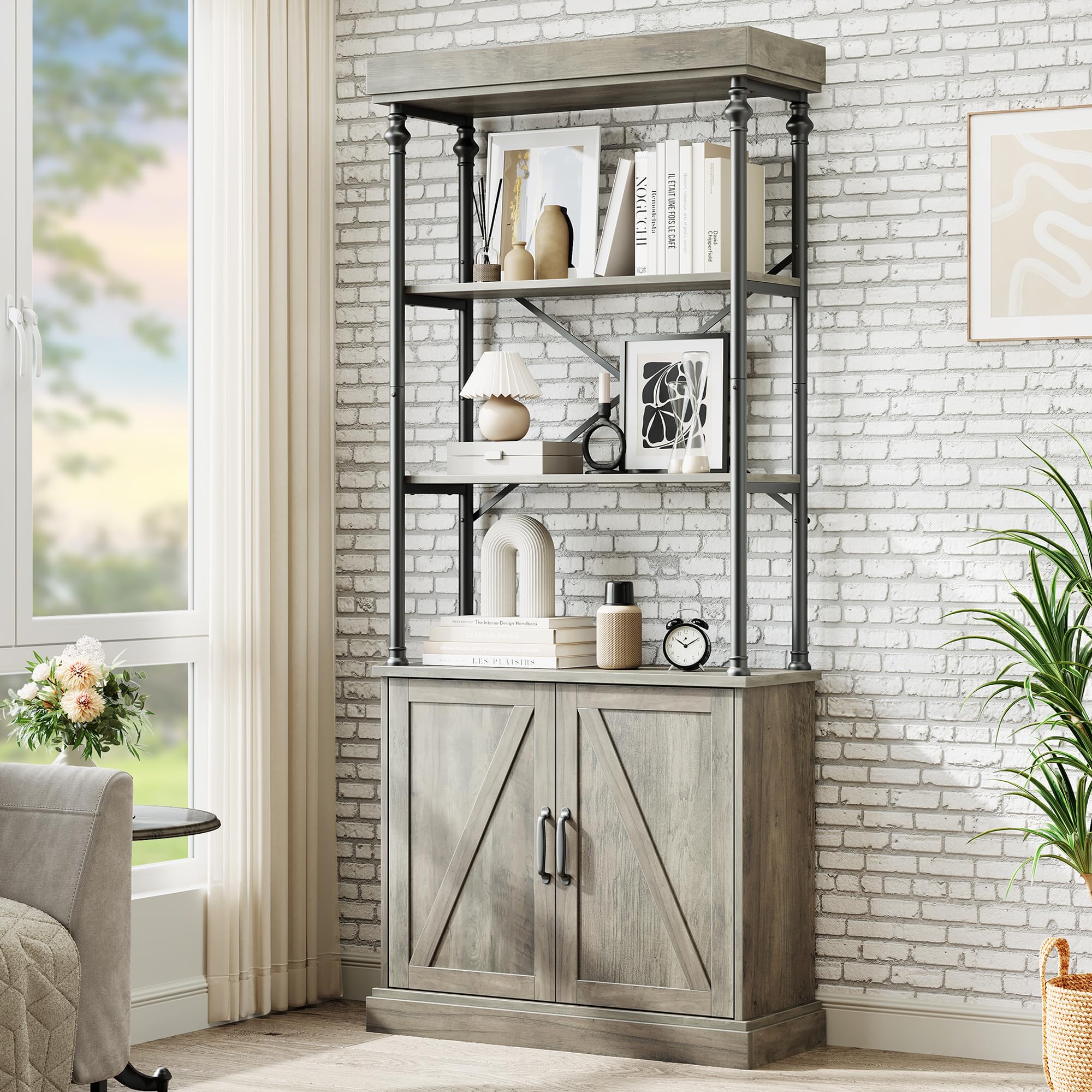 IDEALHOUSE Tall Bookshelf with Doors 73.62in Industrial Storage Open Rack Shelf with Cabinet Wood and Metal Bookcase Farmhouse Bookshelves Large Vintage Display Rack Home Office