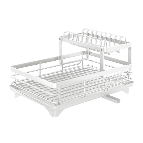 cadciehe Double Layer Storage Rack Kitchen Counter Drainer Strong Load-bearing Dish Drying Rack with Anti-Rust Coating 2 Tier Plates Organizer White 1