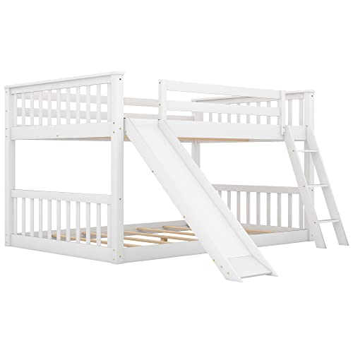 Floor Bunk Bed with Slide and Ladder, Full Over Full Bunk Beds for Kids, Kids Bunk Beds with Full-Length Guardrail and Salts, Wood Bunk Bed Full Over Full(White Full)