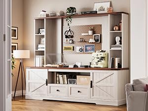 EnHomee Wood TV Stand,Wall Unit Entertainment Center with Ample Storage Space and Adjustable Shelves, TV Stands for Living Room Up to 65'', TV Console with 2 LED Lights & Power Outlets, White