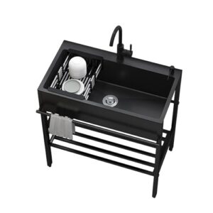 stainless steel sink free standing sink commercial outdoor kitchen sink black, single bowl compartment workbench sink commercial sink with faucet, for indoor garage laundry utility room (one colo