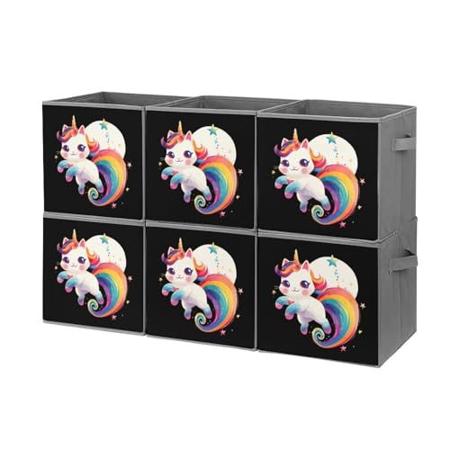 Unicorn Cat Foldable Storage Bins with Handles Storage Cubes Closet Organizer for Living Room Bedroom 6PCS