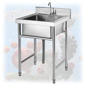 single bowl free standing sink 1 compartment 304 stainless steel commercial kitchen prep utility hand basin for garage, restaurant, laundry room, indoor outdoor (silver 50x80cm)