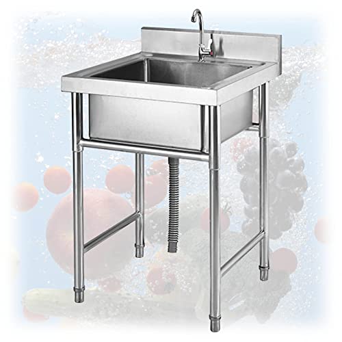 Single Bowl Free Standing Sink 1 Compartment 304 Stainless Steel Commercial Kitchen Prep Utility Hand Basin for Garage, Restaurant, Laundry Room, Indoor Outdoor (Silver 50x80cm)