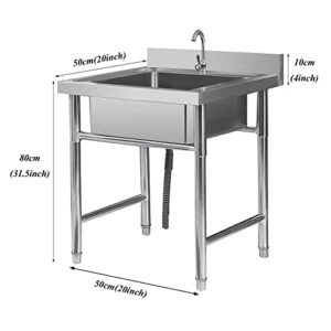 Single Bowl Free Standing Sink 1 Compartment 304 Stainless Steel Commercial Kitchen Prep Utility Hand Basin for Garage, Restaurant, Laundry Room, Indoor Outdoor (Silver 50x80cm)