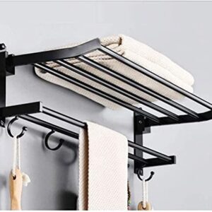 Towel Racks, Towel Rack Towel Holder Bathroom Towel Rail Foldable Double Towel Holder Bathroom Shelf Wall Towel Rack with Hooks Shelf Storage Rack Wall Shelf Organizer Bath Towel Holder/Black/60Cm