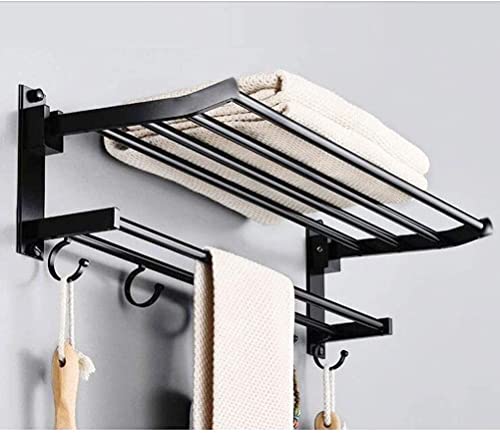 Towel Racks, Towel Rack Towel Holder Bathroom Towel Rail Foldable Double Towel Holder Bathroom Shelf Wall Towel Rack with Hooks Shelf Storage Rack Wall Shelf Organizer Bath Towel Holder/Black/60Cm