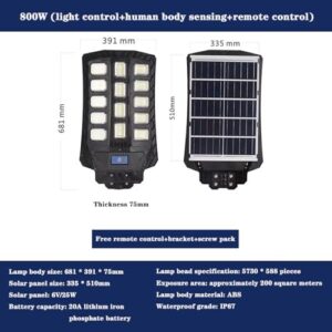 BVFNKQSC Outdoor Waterproof Solar Street Light, 800W Solar Parking lot Light, LED Wide-Angle Light, with Motion Sensor IP67 Waterproof Commercial Lighting,800W