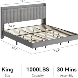 GarveeHome King Floating Bed Frame with Charging Station & Storage Headboard, Upholstered Platform King Size Bed Frame with LED Lights, Solid Wood Slats, Gray