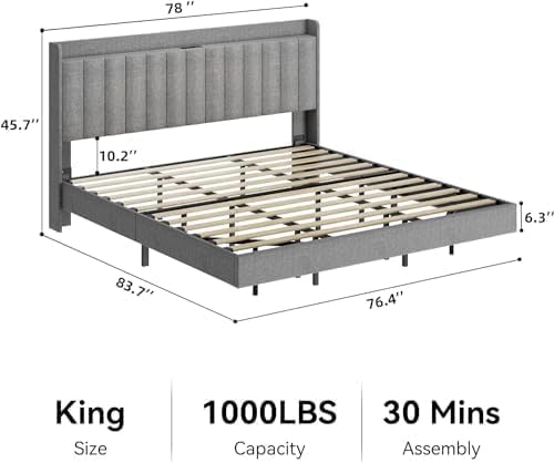 GarveeHome King Floating Bed Frame with Charging Station & Storage Headboard, Upholstered Platform King Size Bed Frame with LED Lights, Solid Wood Slats, Gray