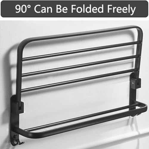 Towel Racks, Towel Rack with Shelf Wall Mounted Drill/Adhesive 2 Tier Aluminum Tea Towel Holder with 2 Hooks Foldable Bath Towel Holder for Kitchen Toilet/50Cm/a