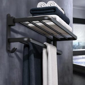 towel racks, towel rack with shelf wall mounted drill/adhesive 2 tier aluminum tea towel holder with 2 hooks foldable bath towel holder for kitchen toilet/50cm/a