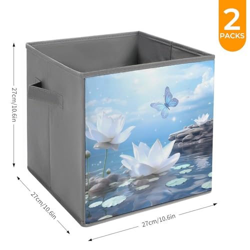 White Flower And Stone with Butterfly Foldable Storage Bins with Handles Storage Cubes Closet Organizer for Living Room Bedroom 2PCS