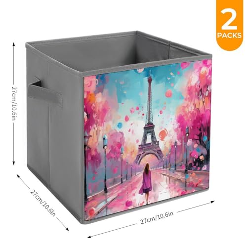 Paris Eiffel Tower Painting Foldable Storage Bins with Handles Storage Cubes Closet Organizer for Living Room Bedroom 2PCS