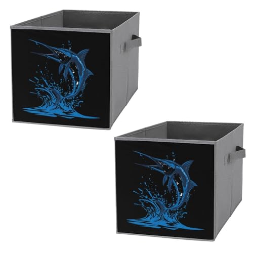 Beautiful Blue Marlin Fishing Foldable Storage Bins with Handles Storage Cubes Closet Organizer for Living Room Bedroom 2PCS