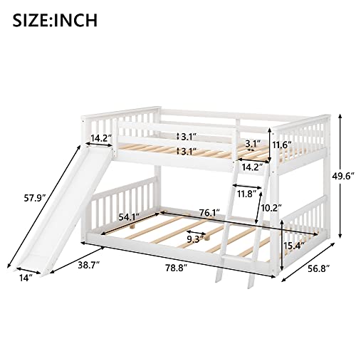 Floor Bunk Bed with Slide and Ladder, Full Over Full Bunk Beds for Kids, Kids Bunk Beds with Full-Length Guardrail and Salts, Wood Bunk Bed Full Over Full(White Full)