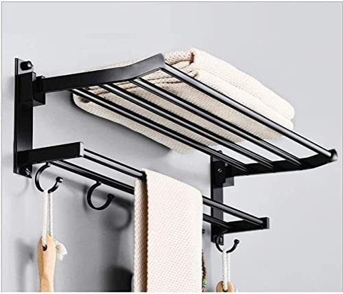 Towel Racks, Towel Rack Towel Holder Bathroom Towel Rail Foldable Double Towel Holder Bathroom Shelf Wall Towel Rack with Hooks Shelf Storage Rack Wall Shelf Organizer Bath Towel Holder/Black/60Cm