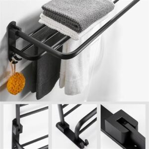 Towel Racks, Towel Rack with Shelf Wall Mounted Drill/Adhesive 2 Tier Aluminum Tea Towel Holder with 2 Hooks Foldable Bath Towel Holder for Kitchen Toilet/50Cm/a