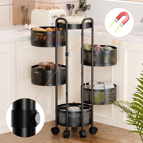 toxaaiwr Fruit Vegetable Basket, Rotating Storage Shelves Rack, Kitchen Trolley on Wheels, 5 Tiers Fruit Basket Storage Container for Kitchen, Living Room Black