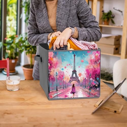 Paris Eiffel Tower Painting Foldable Storage Bins with Handles Storage Cubes Closet Organizer for Living Room Bedroom 2PCS