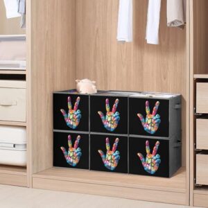 Tie Dye Peace Sign Foldable Storage Bins with Handles Storage Cubes Closet Organizer for Living Room Bedroom 6PCS