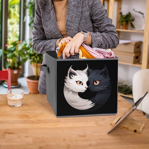 Yin And Yang Cats Funny Foldable Storage Bins with Handles Storage Cubes Closet Organizer for Living Room Bedroom 2PCS