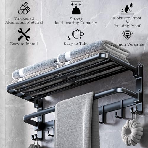 Towel Racks, Towel Rack with Shelf Wall Mounted Drill/Adhesive 2 Tier Aluminum Tea Towel Holder with 2 Hooks Foldable Bath Towel Holder for Kitchen Toilet/50Cm/a