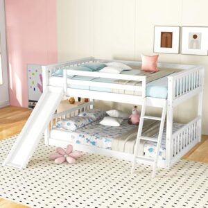 Floor Bunk Bed with Slide and Ladder, Full Over Full Bunk Beds for Kids, Kids Bunk Beds with Full-Length Guardrail and Salts, Wood Bunk Bed Full Over Full(White Full)