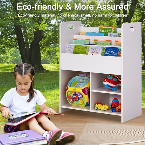 VECELO Kids Book Organizer - Wooden Children’s Bookshelf with 3-Tier Display and 2-Tier Storage Compartments, Easy-to-Access Toddler Bookcase for Playroom, Bedroom, or Nursery - White