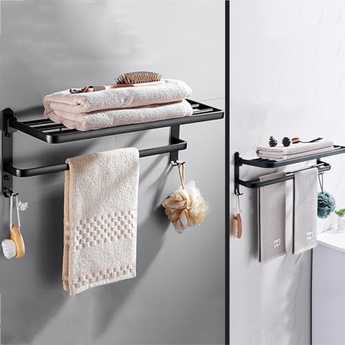 Towel Racks, Towel Rack with Shelf Wall Mounted Drill/Adhesive 2 Tier Aluminum Tea Towel Holder with 2 Hooks Foldable Bath Towel Holder for Kitchen Toilet/50Cm/a