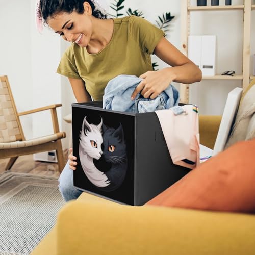 Yin And Yang Cats Funny Foldable Storage Bins with Handles Storage Cubes Closet Organizer for Living Room Bedroom 2PCS