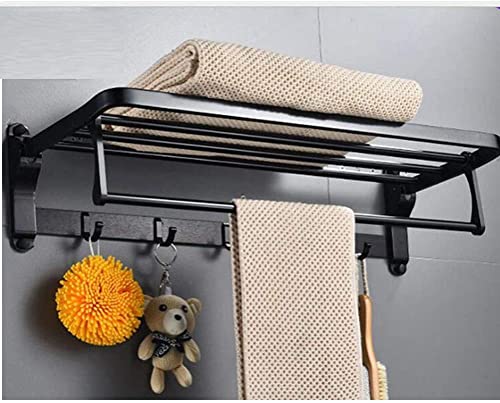 Towel Racks, Towel Rack Towel Holder Bathroom Towel Rail Foldable Double Towel Holder Bathroom Shelf Wall Towel Rack with Hooks Shelf Storage Rack Wall Shelf Organizer Bath Towel Holder/Black/60Cm