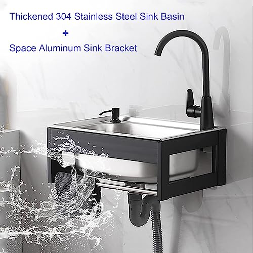 Commercial Hand Wash Station Utility Sink Stainless Steel, Single Bowl Wall Mounted Catering Sink Unit with Hot and Cold Water Taps, Restaurant Kitchen Sink for Indoor Outdoor Laundry Garage (38