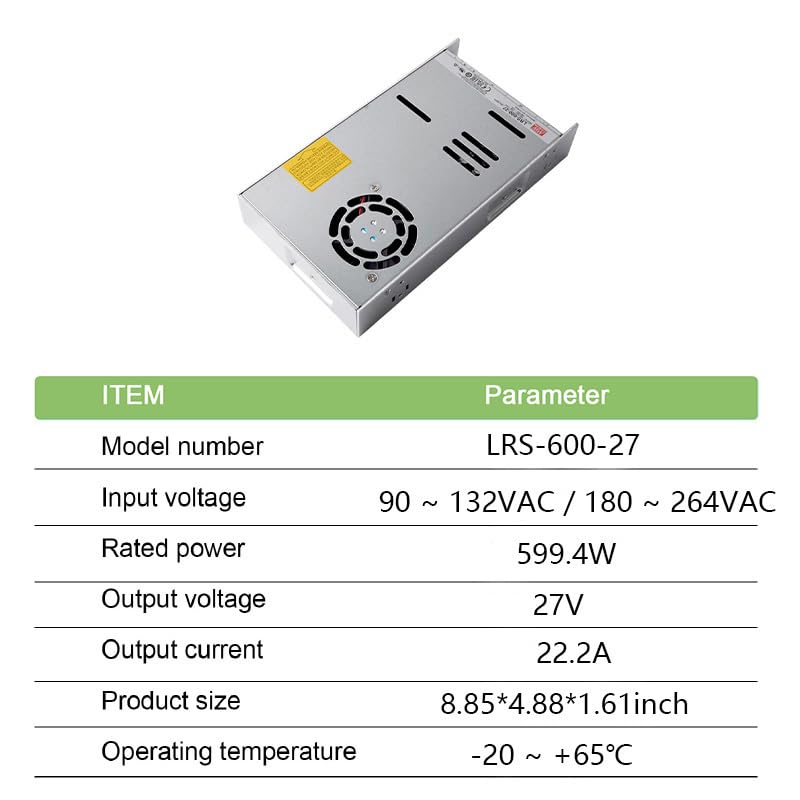 FerroFab LRS-600-27, 600W, 22.2A, 27V High-Efficiency 27V Industrial GradePower Supply, 92% Efficiency, Wide Temp -20~+65℃, 5G Vibration Resistant, Active PFC