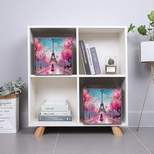 Paris Eiffel Tower Painting Foldable Storage Bins with Handles Storage Cubes Closet Organizer for Living Room Bedroom 2PCS