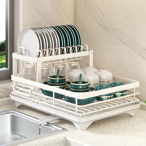 cadciehe Double Layer Storage Rack Kitchen Counter Drainer Strong Load-bearing Dish Drying Rack with Anti-Rust Coating 2 Tier Plates Organizer White 1