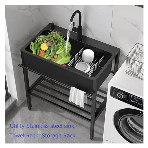 Stainless Steel Sink Free Standing Sink Commercial Outdoor Kitchen Sink Black, Single Bowl Compartment Workbench Sink Commercial Sink with Faucet, for Indoor Garage Laundry Utility Room (One Colo