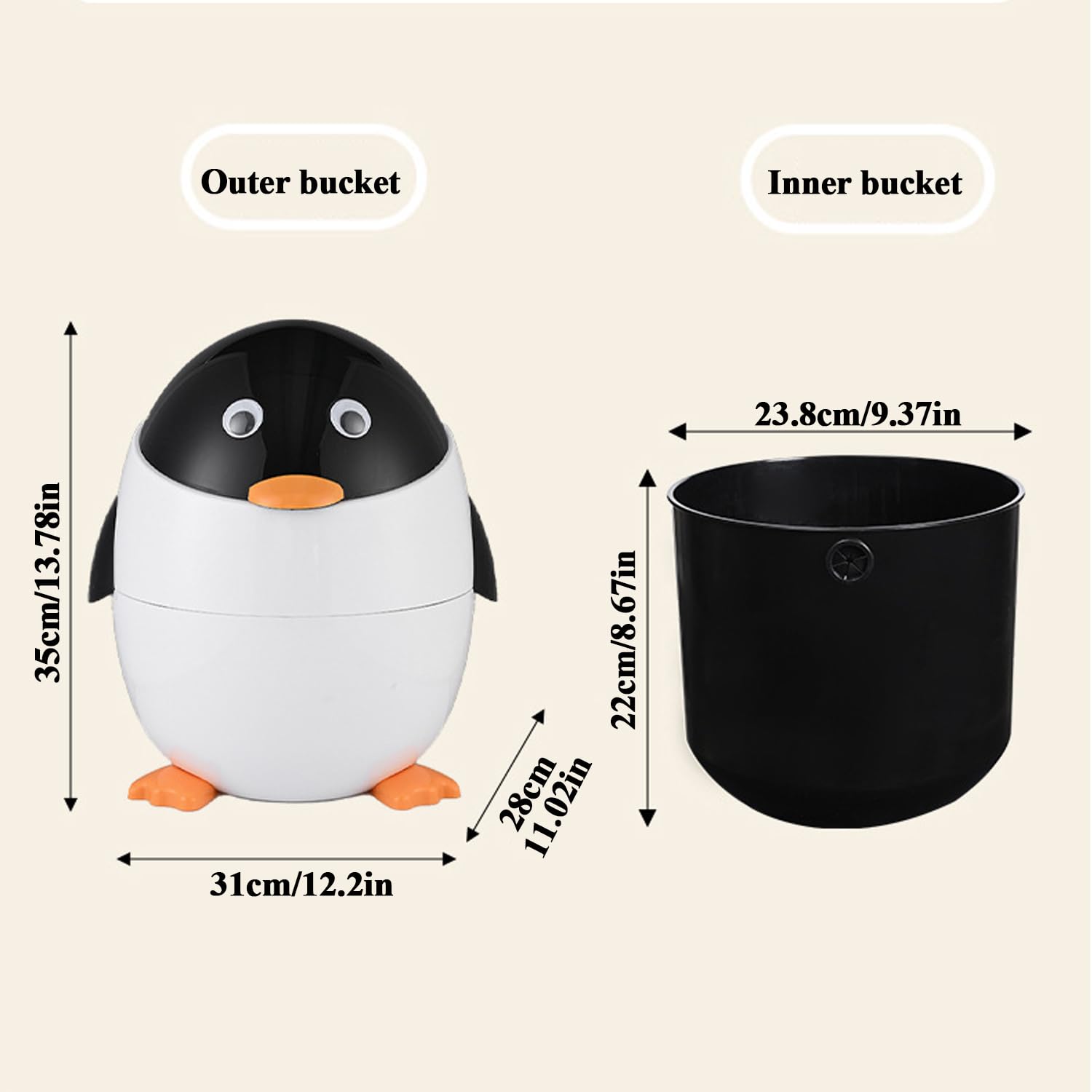 Aiabaleaft Cartoon Penguin Plastic Trash Can with Lid Bedroom Large Capacity Wastebasket Storage Container for Home Kitchen Dressing Office Kids Bedroom