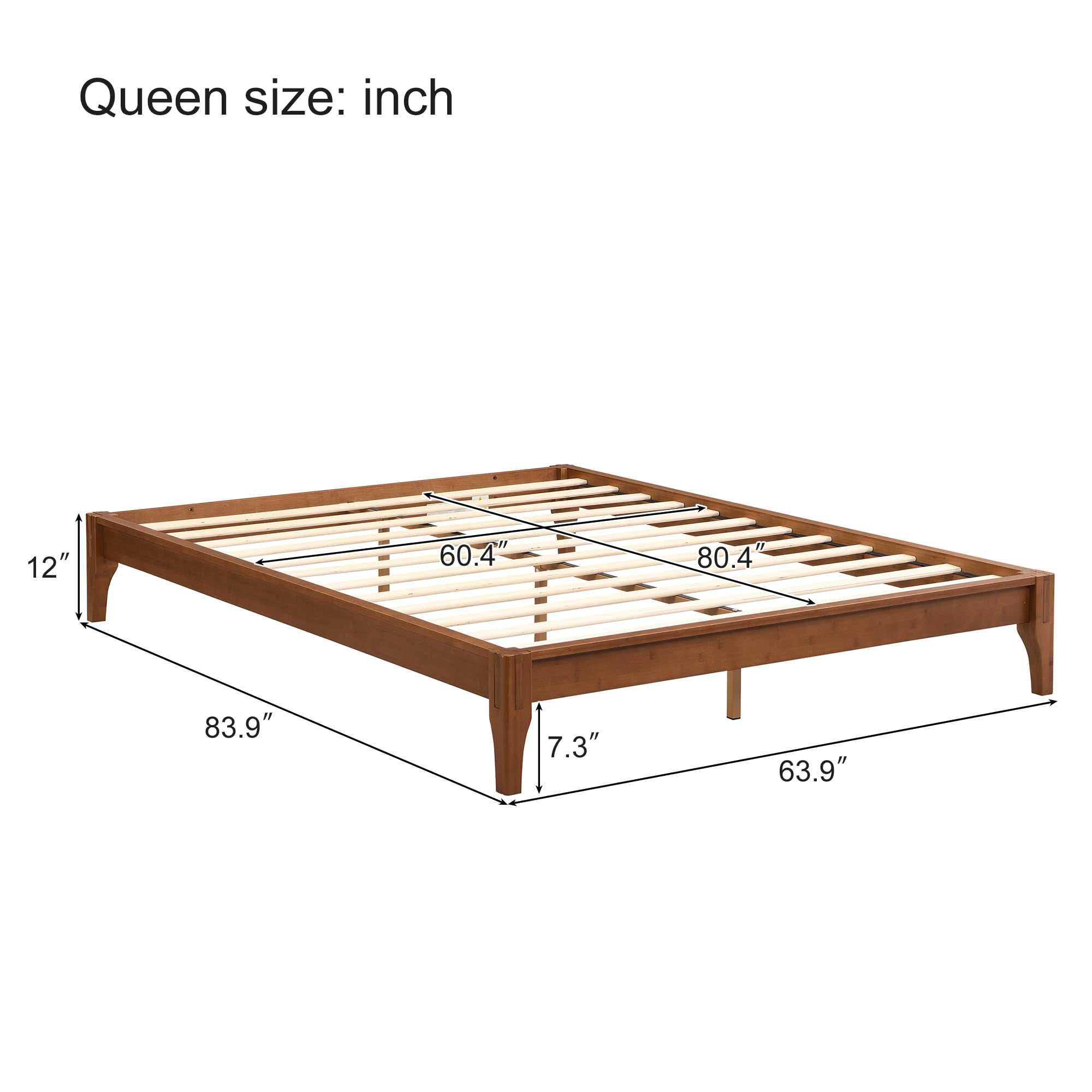 Merax Mid-Century Bamboo Platform Bed, Queen Size Bed Frame with Wood Slat Support, No Box Spring Needed, Easy Tool-Free Assembly, Brown