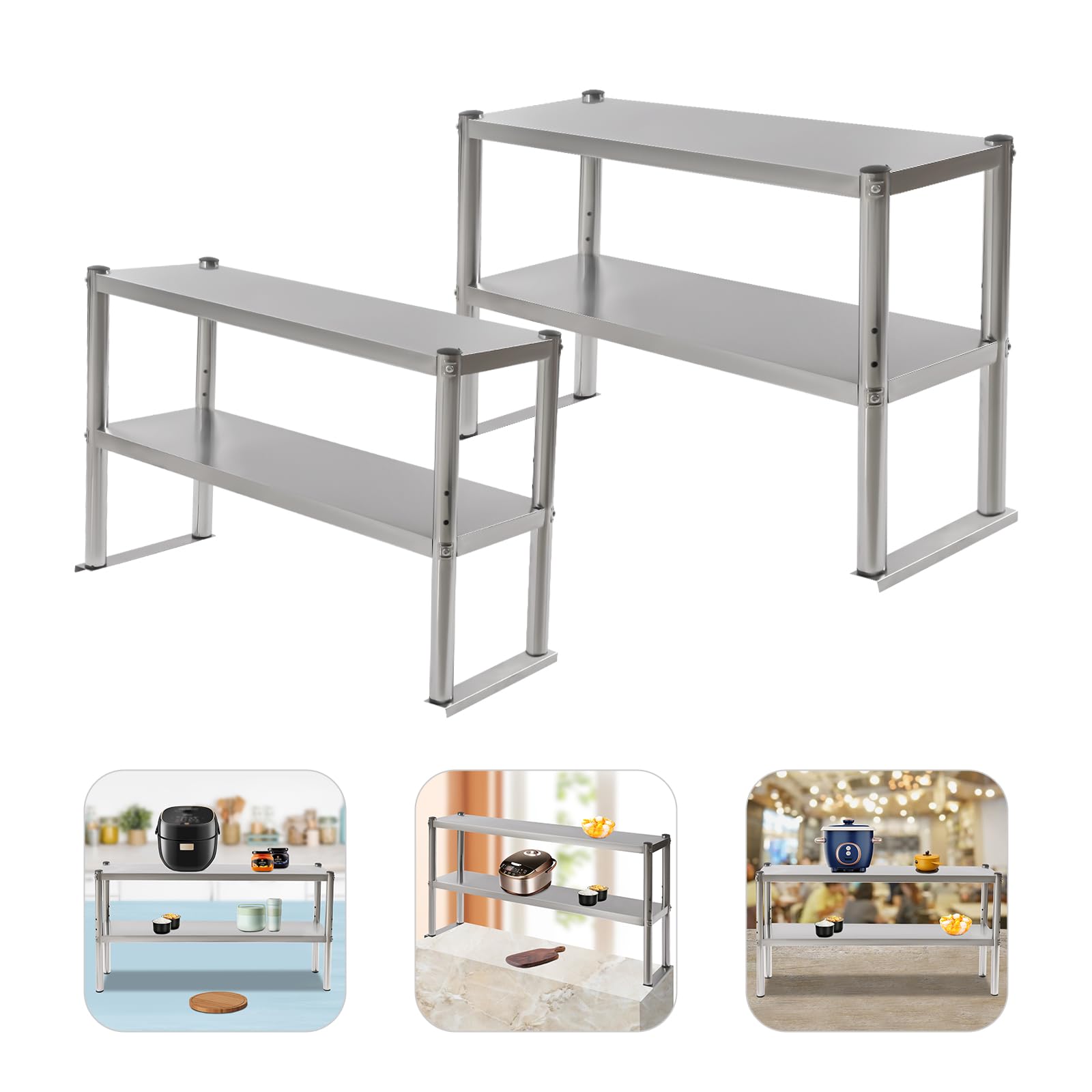 Double Overshelf, Double Tier Stainless Steel Overshelf, 36 in. Length x 12 in. Width Double Deck Overshelf, Height Adjustable Overshelf for Prep & Work Table in Kitchen, Restaurant(2 pieces,Silver)