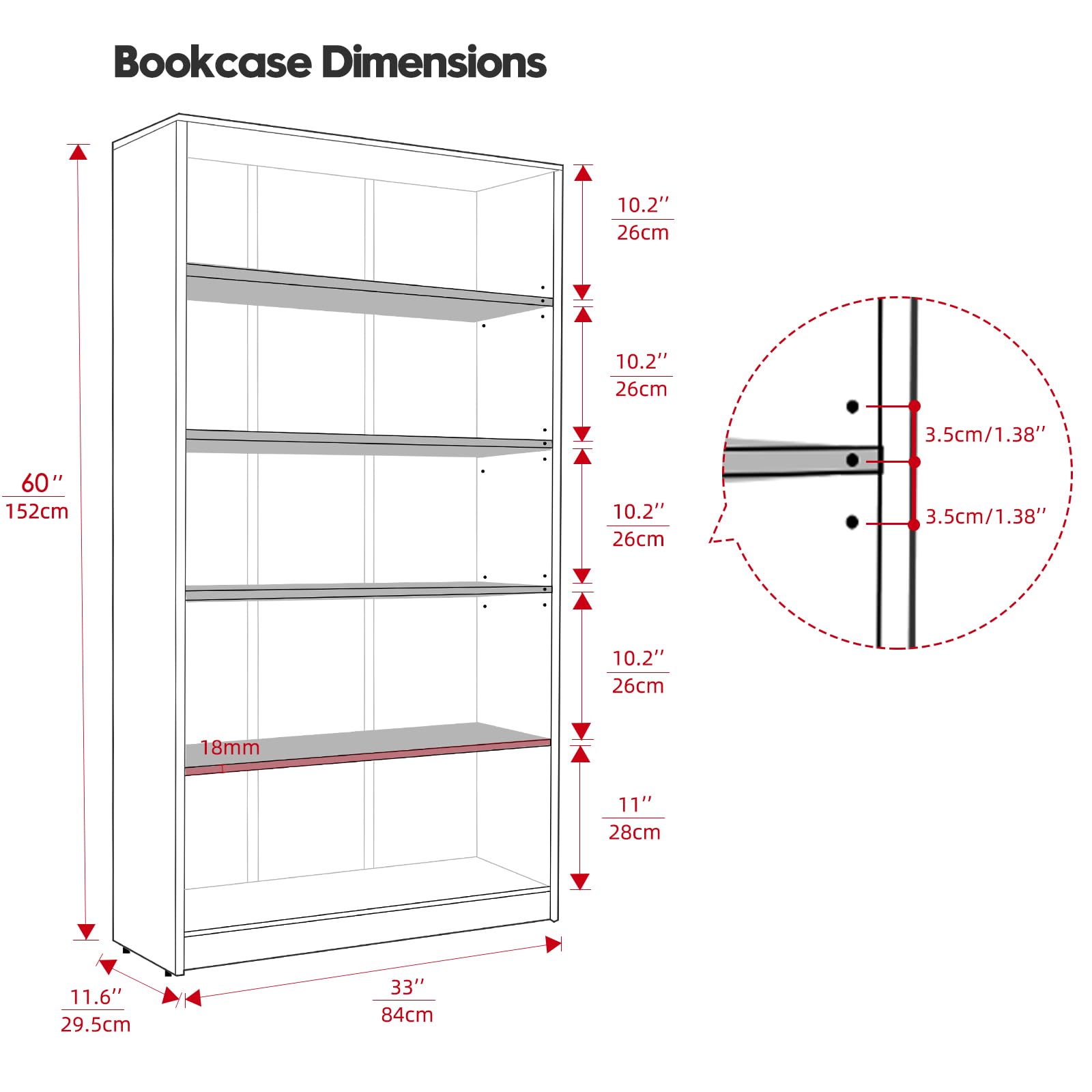 STARY 60 Inch Tall Bookcase,5-Shelf Bookshelf,Adjustable Shelves for Home Office,White